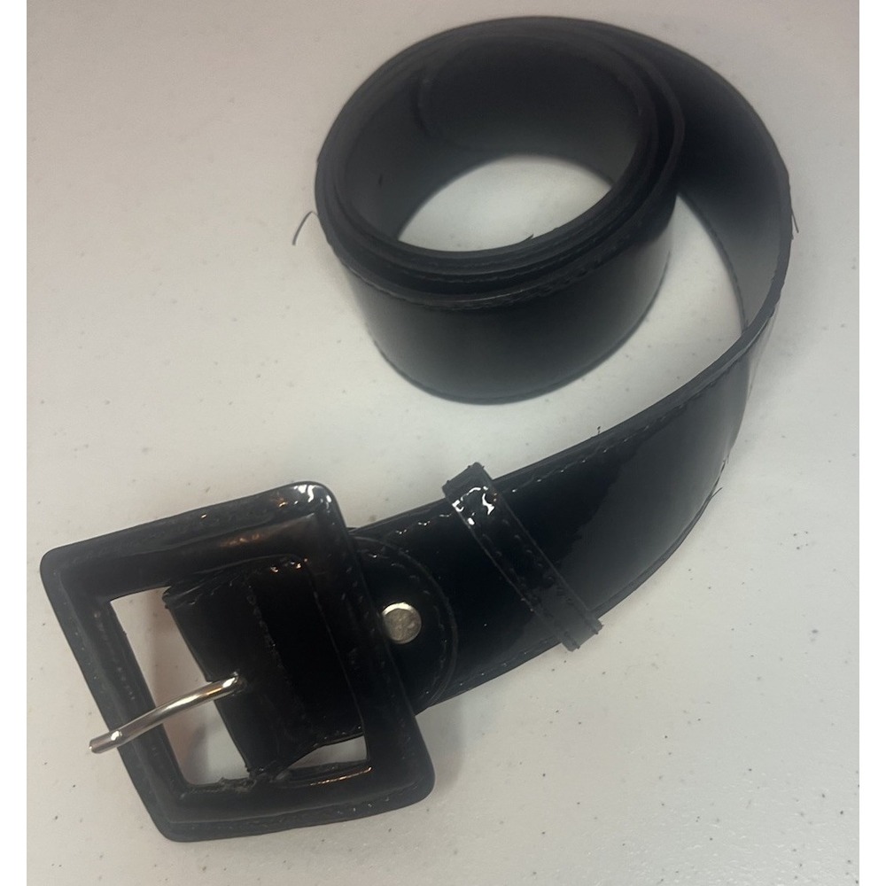 Vintage Womens Thick Black Shiny Patent Wide Belt Size Large Retro Square Buckle